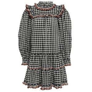 ULLA Johnson Elm Gingham Plaid Cotton Long Sleeve Tiered Mini Dress Black